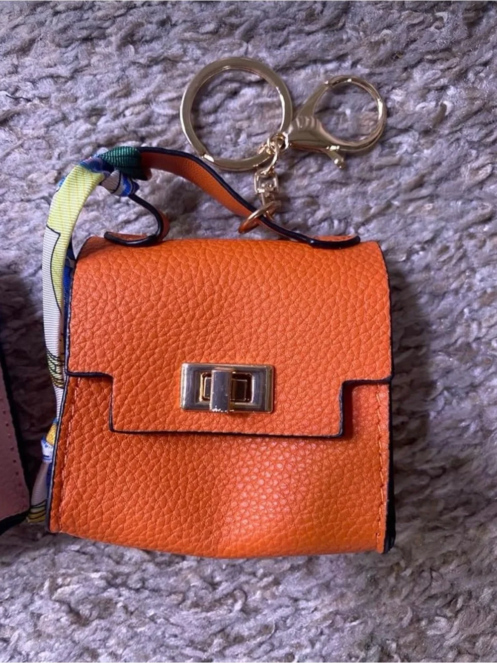 Orange Leather Mini Keychain Bag with Gold Hardware